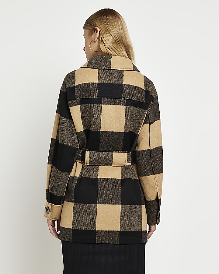 Brown check belted shacket