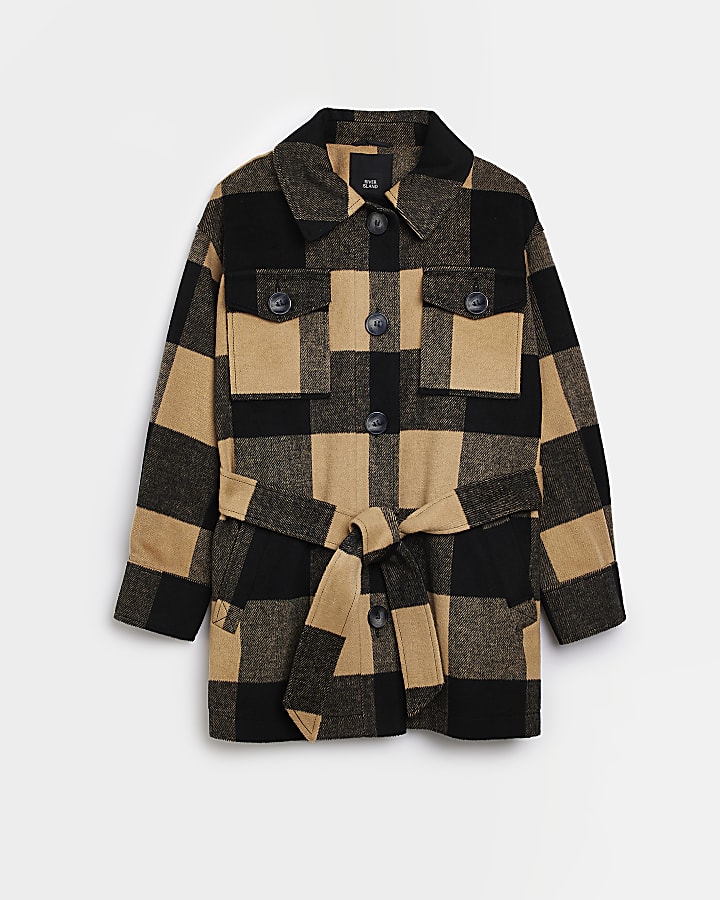 Brown check belted shacket