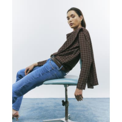 Brown Check Cowl Neck Drape Blouse