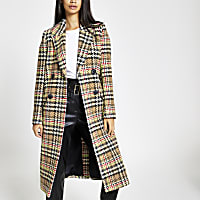 Brown check double-breasted longline coat