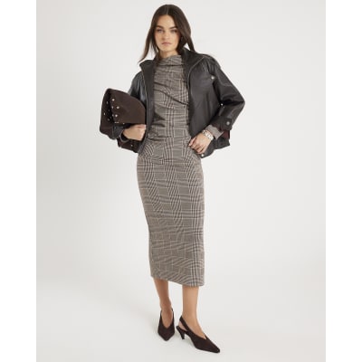 Brown Check Fitted Midi Skirt