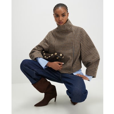 Brown Check Funnel Neck Jacket