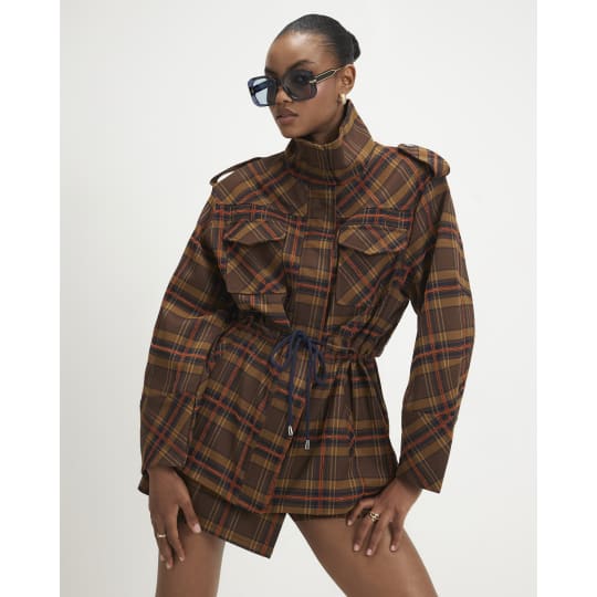 River Island Brown Check Funnel Neck Parka Jacket