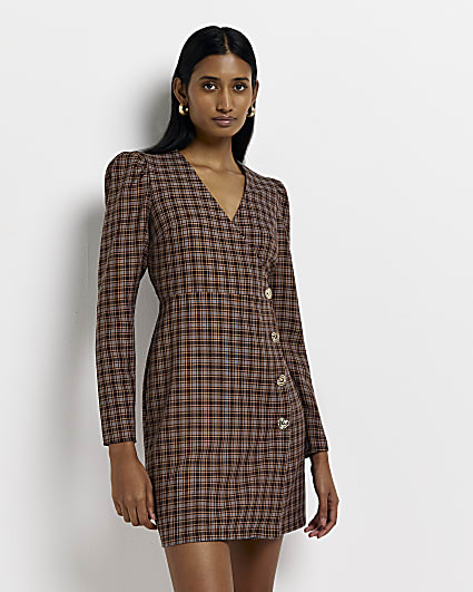 Brown check long sleeve wrap mini dress