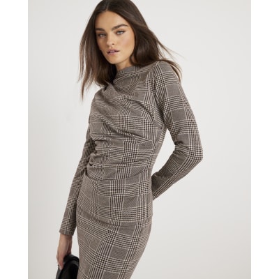 Brown Check Pleated Top