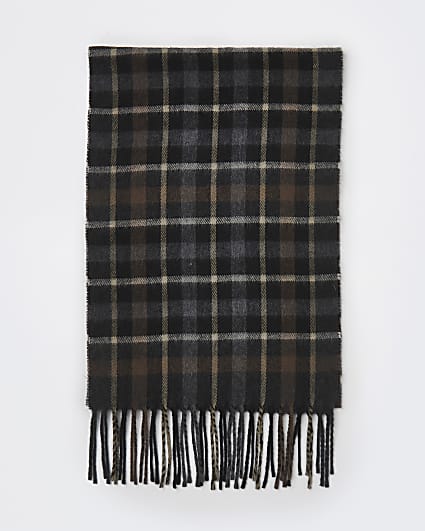 Brown check print tassel scarf