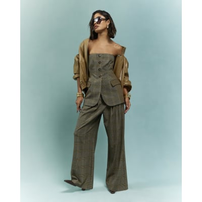 Brown Check Print Wide Leg Trousers