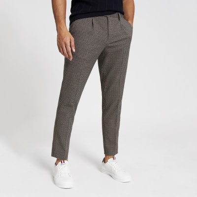 Brown check skinny pleated smart trousers | River Island