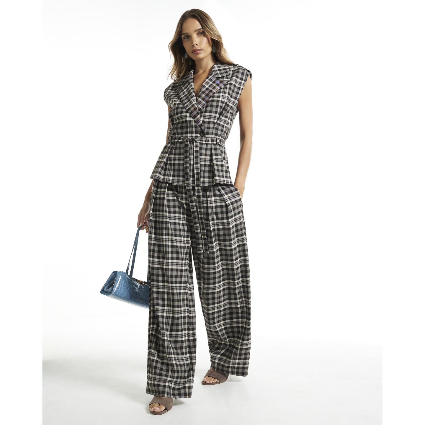 River Island Brown Check Straight Wide Leg Trousers — photo 1 of 1