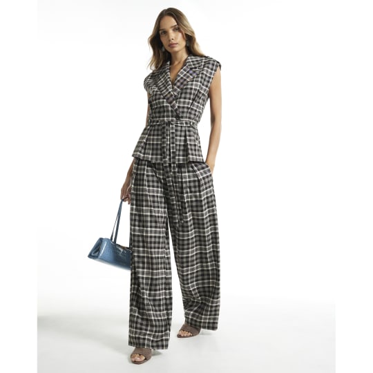 River Island Brown Check Straight Wide Leg Trousers