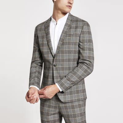 Brown check super skinny fit suit jacket River Island