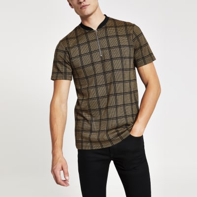 Download Brown check zip neck slim fit polo shirt | River Island