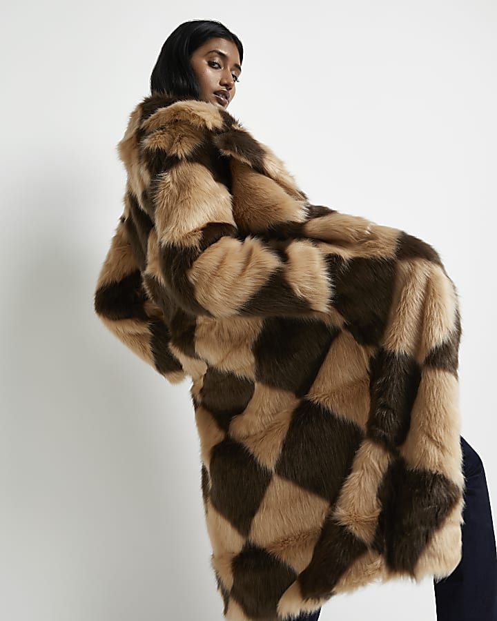 Brown Checkboard Faux Fur Coat River, Fur Coat Brown Long Sleeve