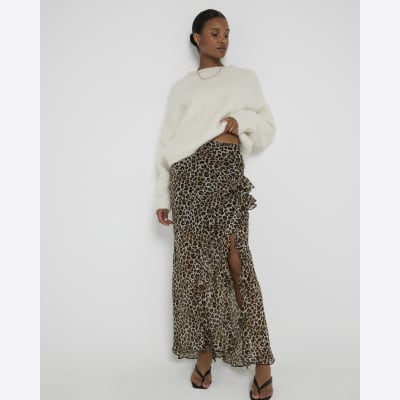 Brown chiffon leopard frill maxi skirt River Island