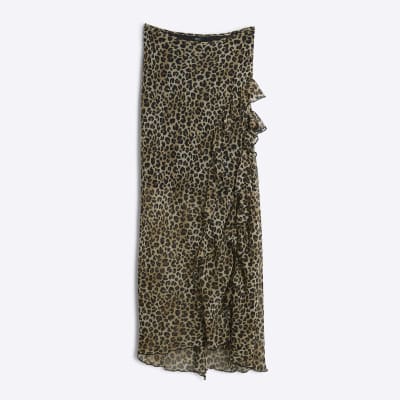 Brown chiffon leopard frill maxi skirt River Island