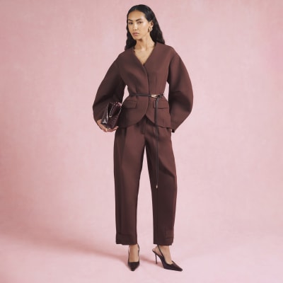 Brown Cocoon Sleeve Belted Blazer