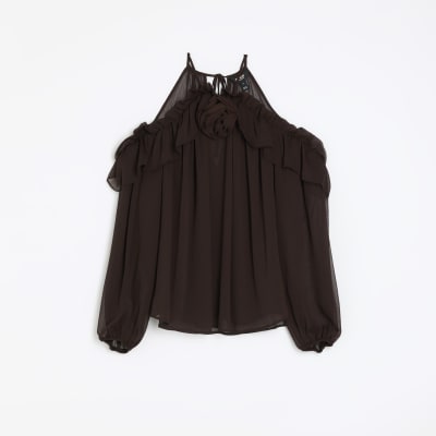 Brown cold shoulder corsage blouse