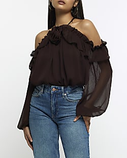 Brown cold shoulder corsage blouse