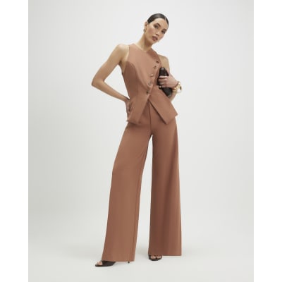Brown Collarless Asymmetric Jumpsuit