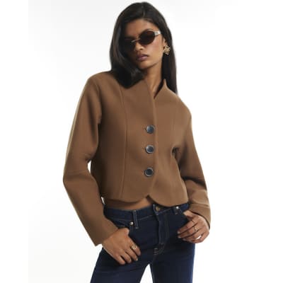 Brown Collarless Button Up Jacket