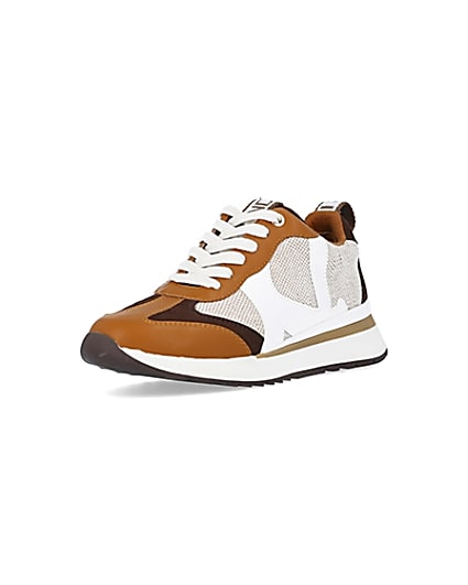 360 degree animation of product Brown colour block raffia trainers frame-0