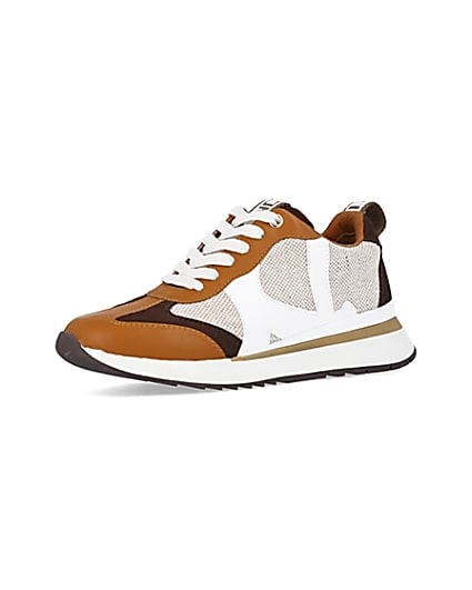 360 degree animation of product Brown colour block raffia trainers frame-1