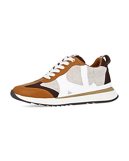 360 degree animation of product Brown colour block raffia trainers frame-2