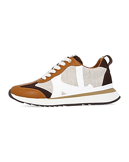 360 degree animation of product Brown colour block raffia trainers frame-3