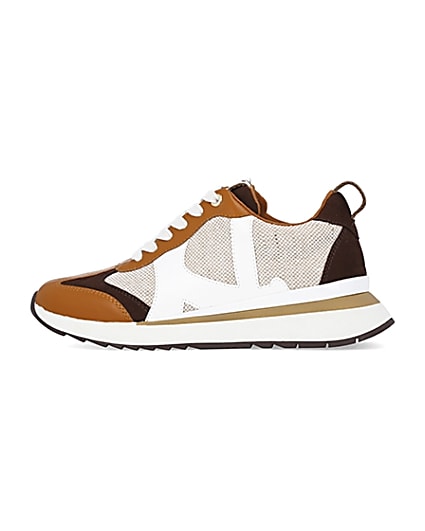 360 degree animation of product Brown colour block raffia trainers frame-4