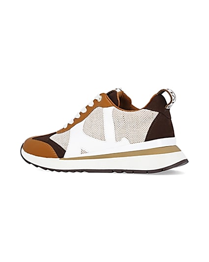 360 degree animation of product Brown colour block raffia trainers frame-5