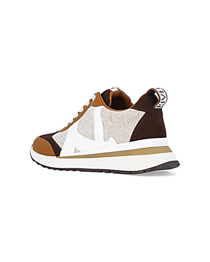 360 degree animation of product Brown colour block raffia trainers frame-6