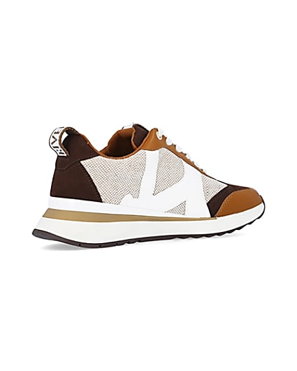 360 degree animation of product Brown colour block raffia trainers frame-13