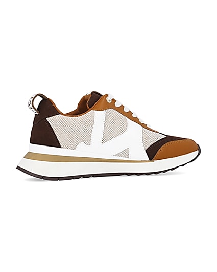 360 degree animation of product Brown colour block raffia trainers frame-14