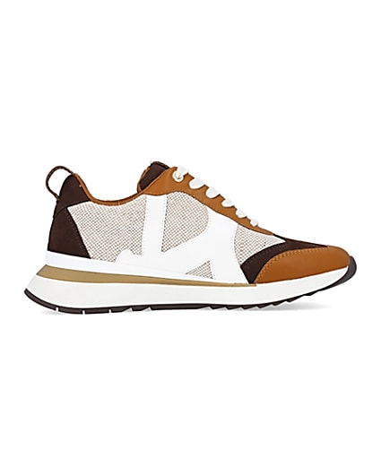 360 degree animation of product Brown colour block raffia trainers frame-15