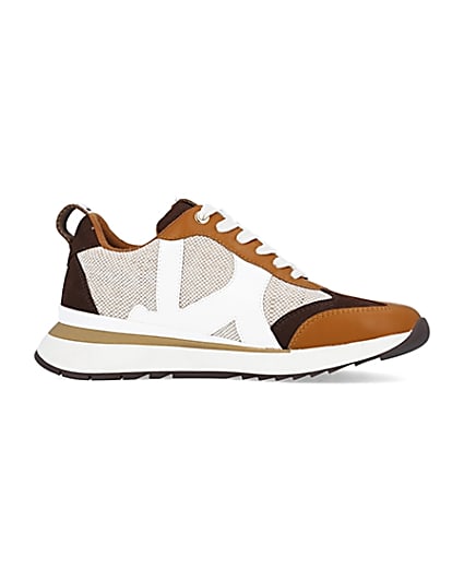 360 degree animation of product Brown colour block raffia trainers frame-16