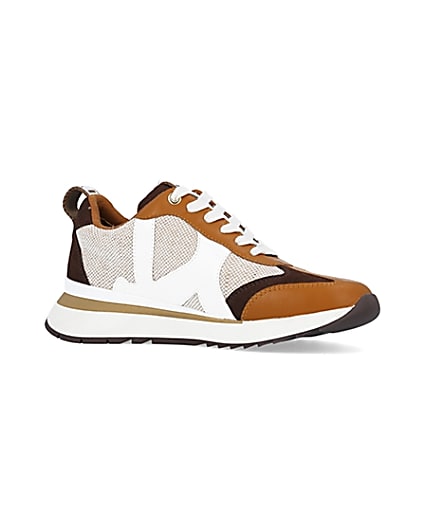 360 degree animation of product Brown colour block raffia trainers frame-17