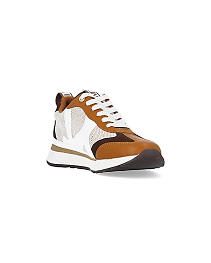 360 degree animation of product Brown colour block raffia trainers frame-19