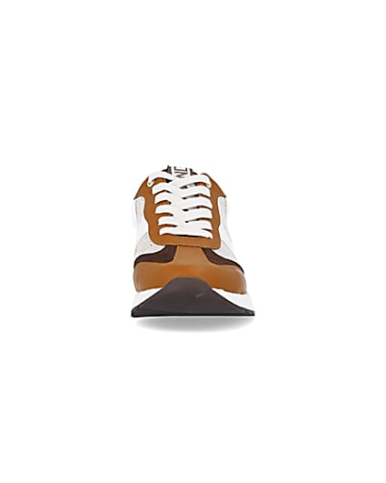 360 degree animation of product Brown colour block raffia trainers frame-21