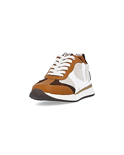 360 degree animation of product Brown colour block raffia trainers frame-23