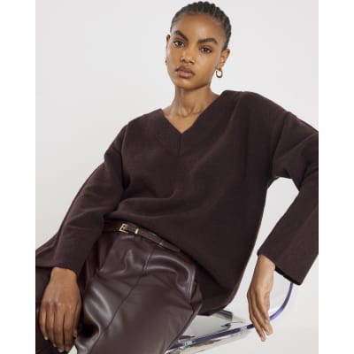 Brown Cosy Knitted V Neck Jumper