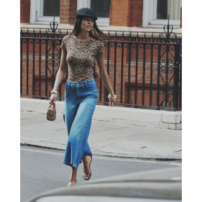 Brown Cotton Blend Cap Sleeve Leopard T-Shirt | River Island