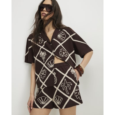 Brown Cotton Blend Embroidered Motif Shorts