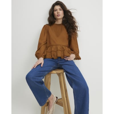 Brown Cotton Blend Lace Detail Smock Top