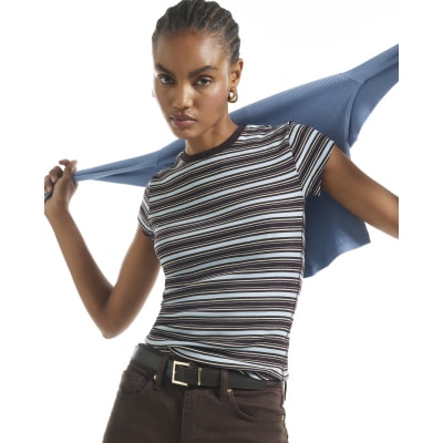 Cotton blend Stripe Fitted Rib T shirt