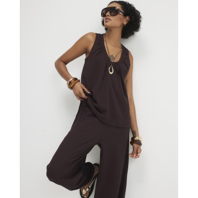 Brown Cotton Blend Textured V Neck Top