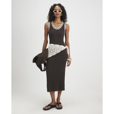 Cotton Blend Whipstitch Trim Midi Dress