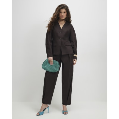 Brown Cotton Collarless Blazer