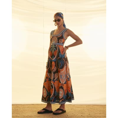 river island brown flower print tassel maxi dress Cotton Palm Faherty Women's Cotton Hemp The silhouette skims the 01 size:46