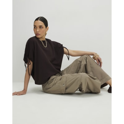 Brown Cotton Ruched Sleeve T-Shirt