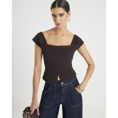 Brown Cowl neck Corset Top
